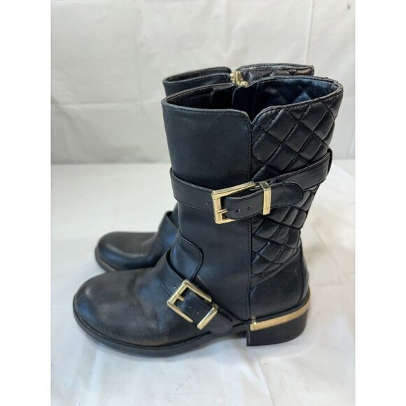 VINCE CAMUTO WILAMENA QUILTED BLACK LEATHER GOLD BUCKLES BIKER BOOTS Size 5.5 M - Picture 4 of 13